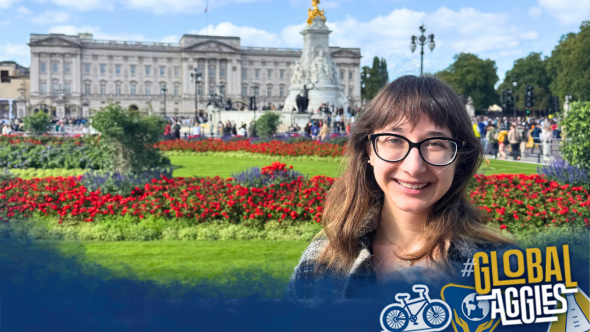 A woman with glasses smiles in front of Buckingham Palace and colorful flowerbeds.