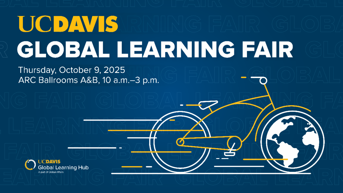 Promotional image for UC Davis Global Learning Fair featuring event details and an abstract bicycle drawing with a globe wheel.