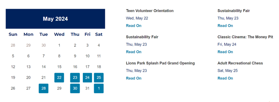 Screenshot of the City of Urbandale's May 2024 calendar.