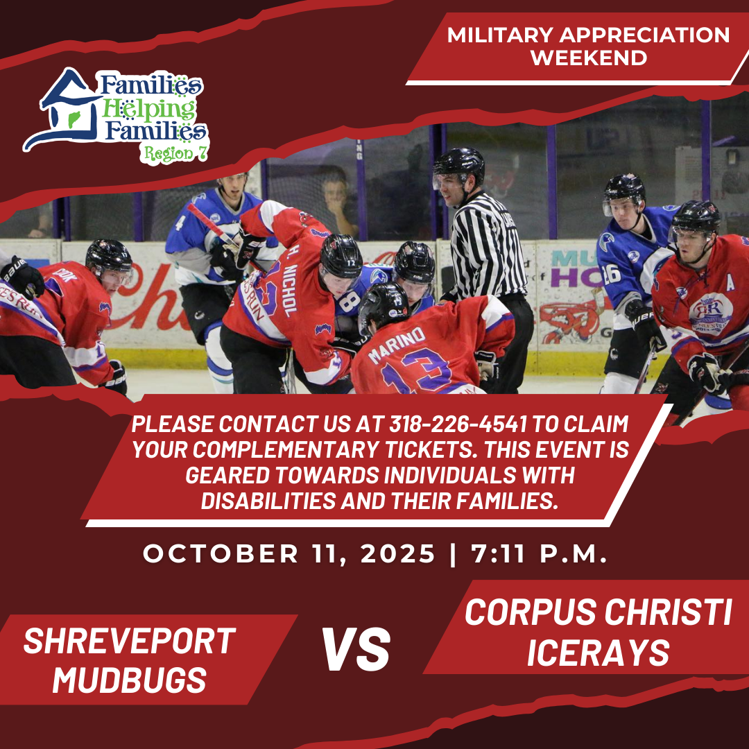 Picture is of the flyer from Families Helping Families Military Appreciation Weekend with all information needed and a picture inserted that shows the mudbugs playing hockey