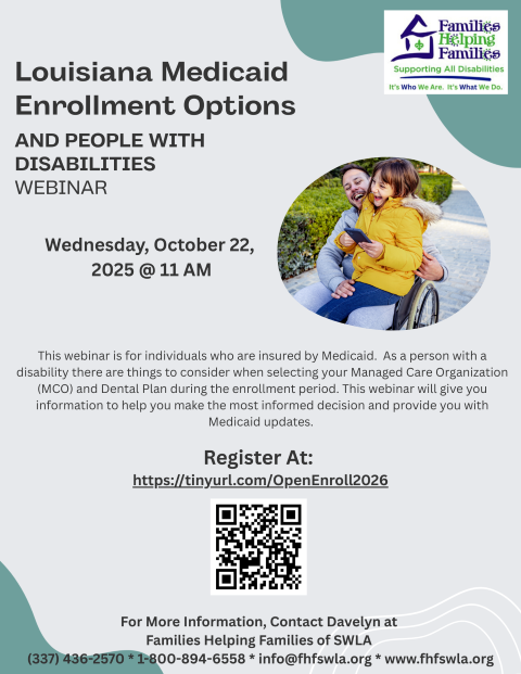 Picture is the of Families helping families flyer showing all information needed to attend the webinar with a picture  of a young girl sitting on a man's lap in a wheel chair