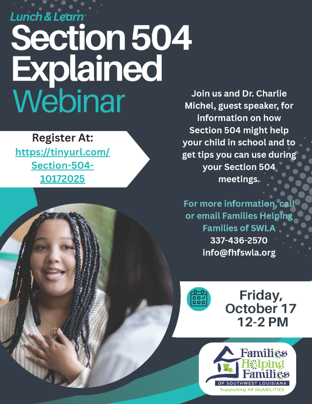 Picture is of the Families Helping Families flyer with all of the information needed for the webinar along with a picture of two people in general