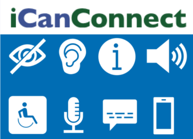 Picture is of the words  i in green can in blue and connect in green above a blue graphic depicting the following in white an eye with a slash through it an ear a white circle with a blue lower case i in the middle a speaker and white graphic with a blue wheel chair with a person a microphone a text bubble and a cell phone