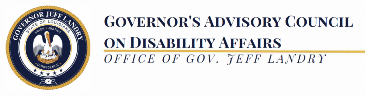 Picture is of the GACDA background logo that shows the Louisiana state seal with the state motto Union Justice Confidence and the mother pelican along with babies and the title Governors Advisory Council on Disability Affairs