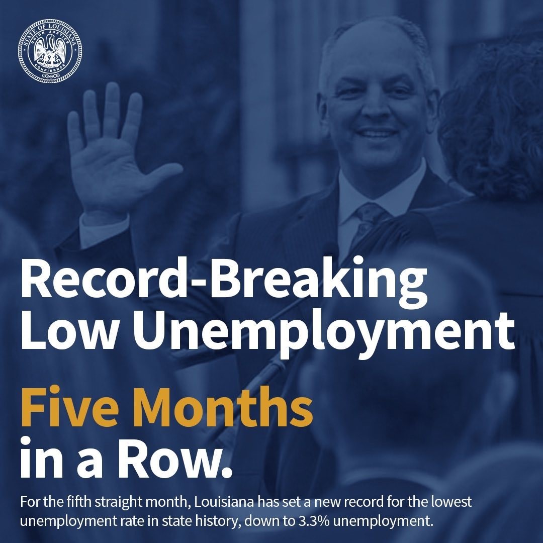 Record-Breaking Low Unemployment Five Months in a Row. For the fifth straight month, Louisiana has set a new record for the lowest unemployment rate in state history, down to 3.3% unemployment. It’s always great to be able to lead into the holidays with some good news, and last week, our office announced, once again, that Louisiana's unemployment rate has broken records. This is the fifth month in a row we have set a new unemployment rate in state history, and Louisiana's unemployment rate is now significantly lower than the national rate.    Instagram: Record-Breaking Low Unemployment Five Months in a Row.