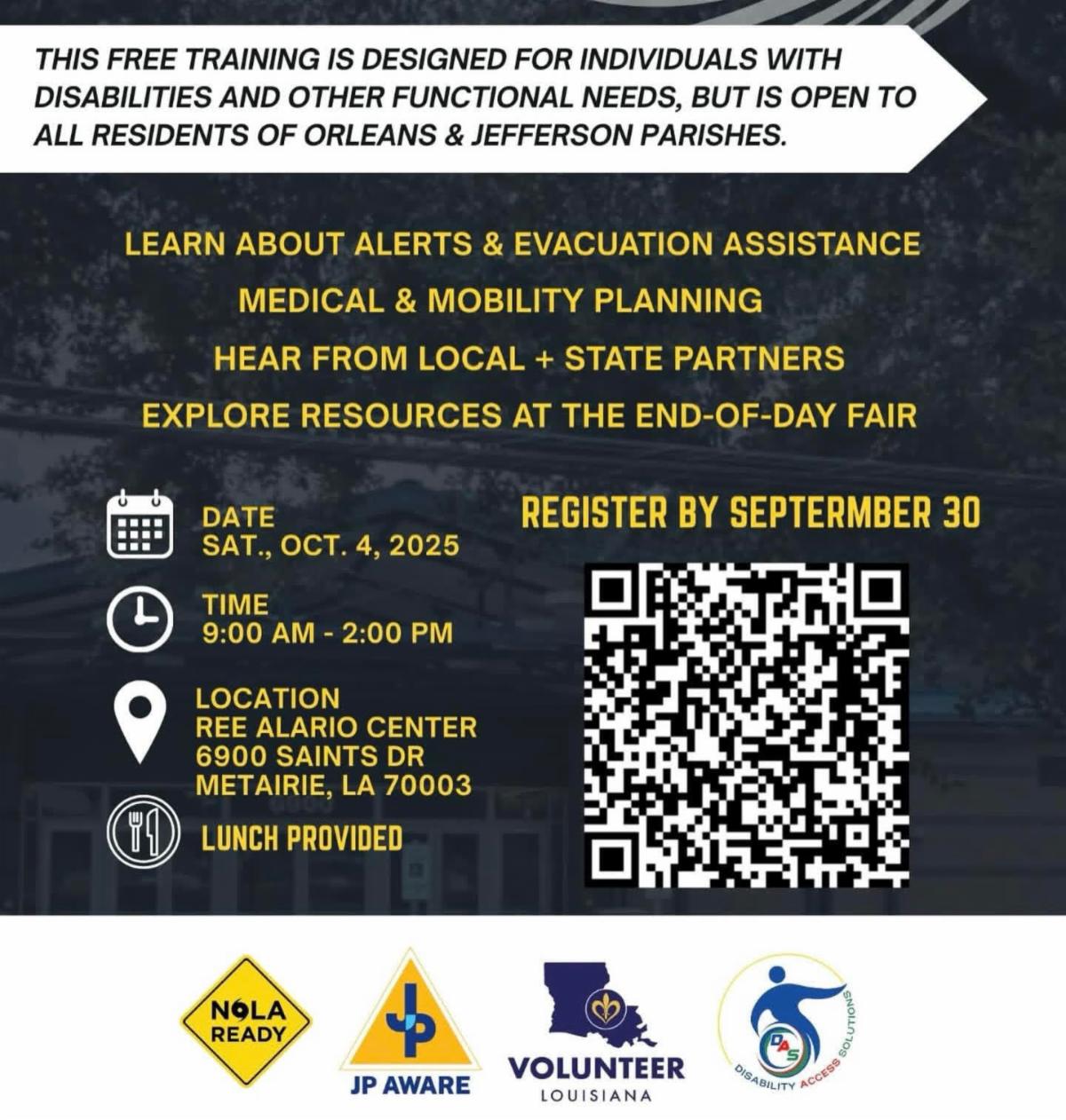 Picture is of the emergency peparedness meeting flyer for Orleans and Jefferson parishes