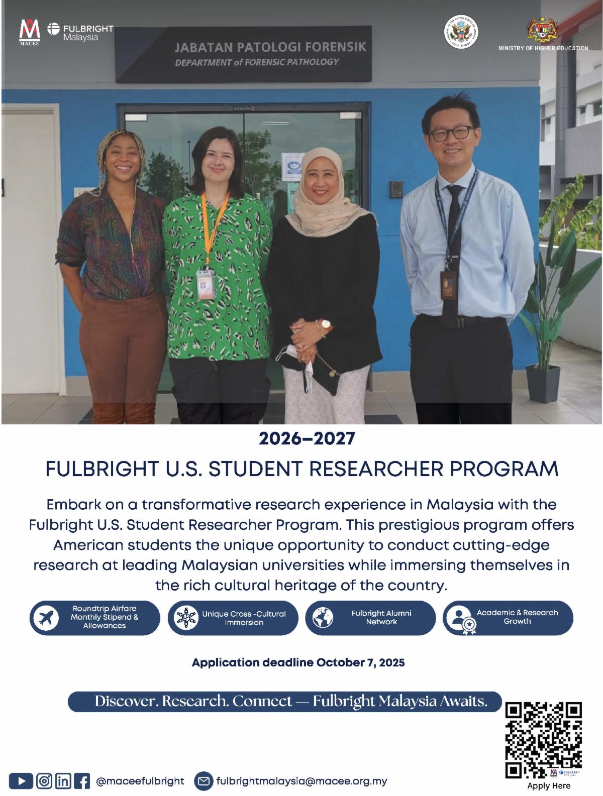 A flyer promoting opportunities for research through Fulbright Malaysia