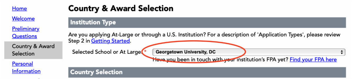 Screenshot of the Fulbright application portal listing Georgetown as the institutional affiliation