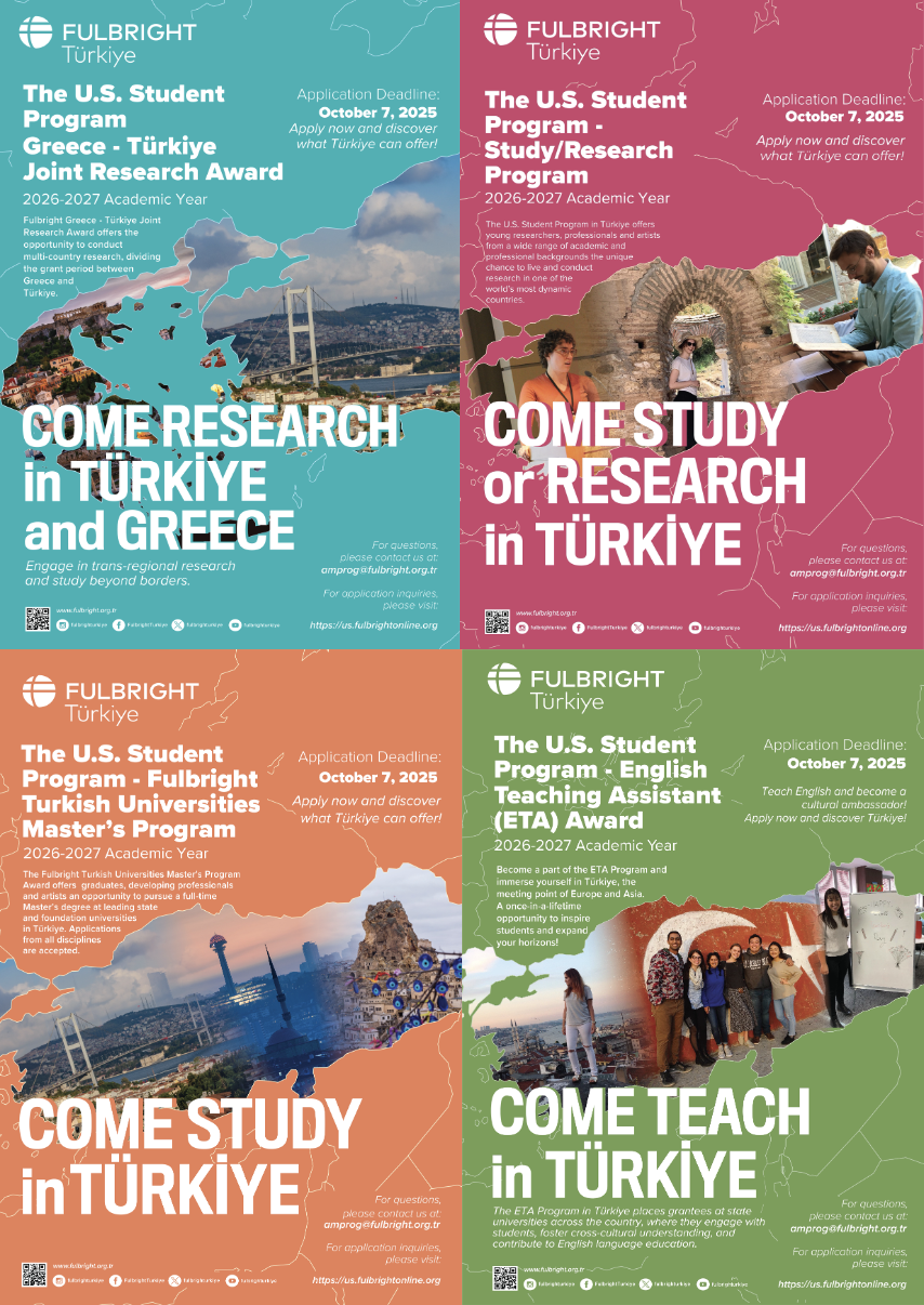 A collage of flyers advertising Fulbright opportunities for research, study, and teaching in Türkiye