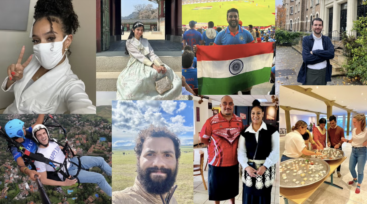 A collage of candid photographs of several Georgetown Fulbrighters in various settings