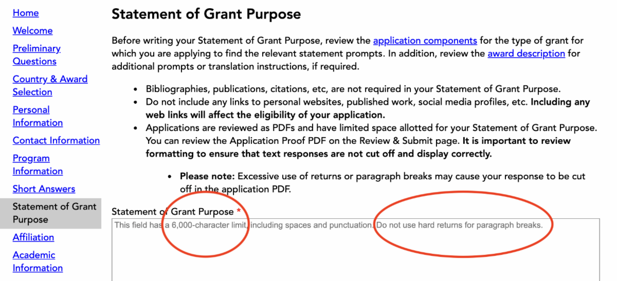 Screenshot of the Fulbright statement of grant purpose directions