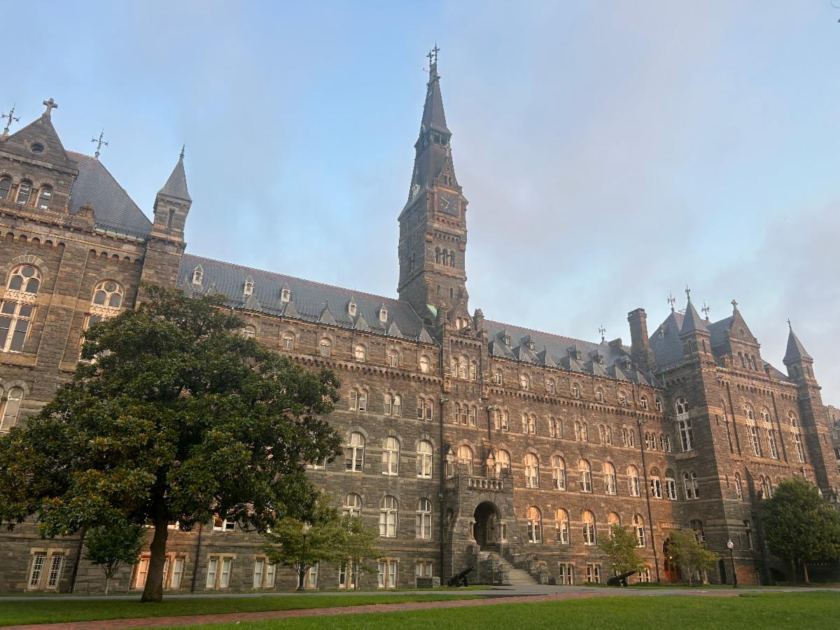 Healy Hall on Georgetown's campus with the light of sunrise