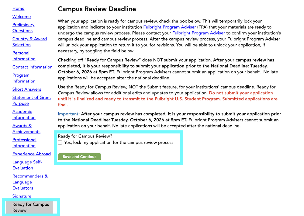 A screenshot of the Ready for Campus Review Section of the Fulbright US Student Program application with directions