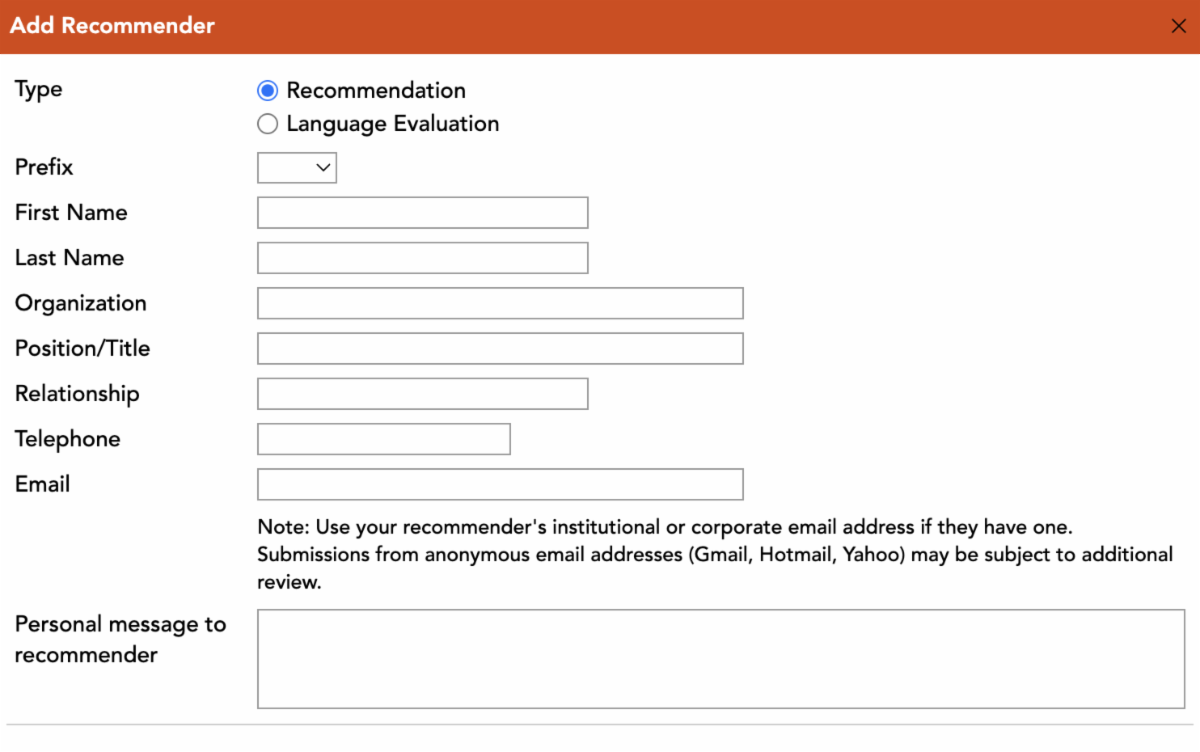 A screenshot of the Fulbright recommender and language evaluator registration part of the application