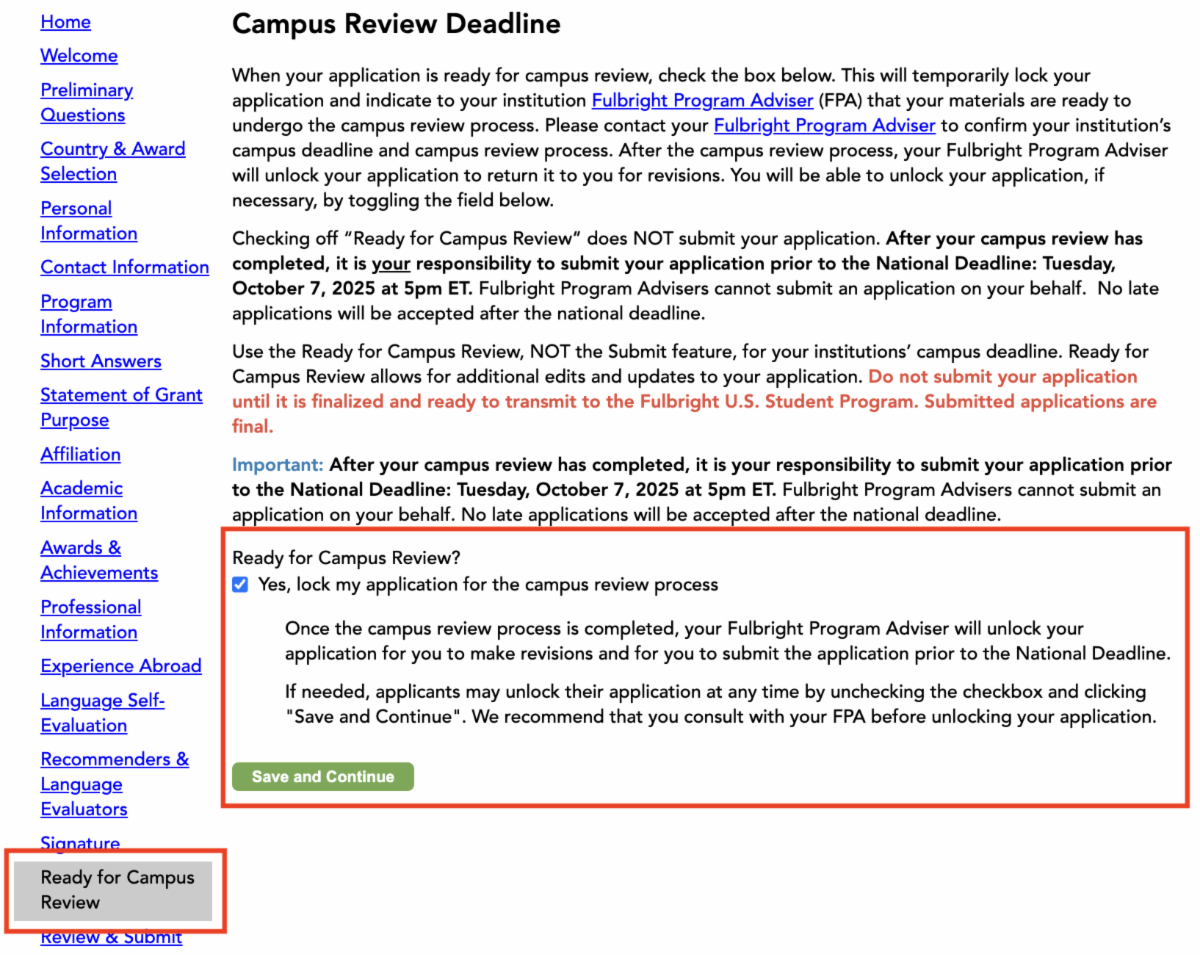 Screenshot of the Fulbright Ready for Campus Review webpage