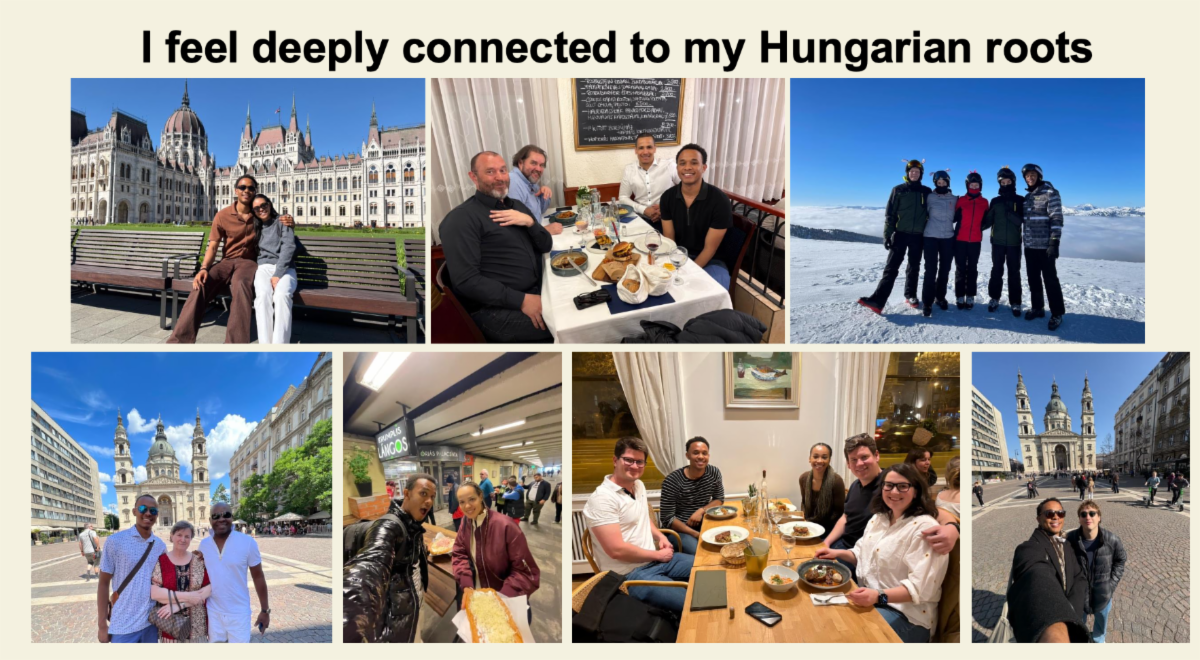 A collage of group photos of Noah Aire's experiences during the Fulbright grant in Hungary