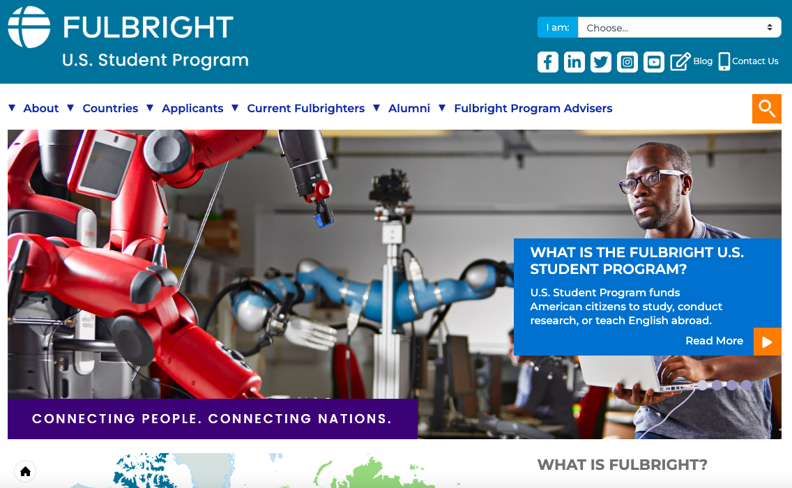 A screenshot of the Fulbright US Student Program homepage with the picture of a Fulbright grantee in a scientific setting