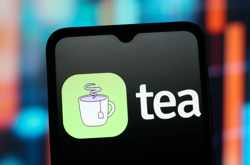 The Tea app logo is seen displayed on a smartphone screen.