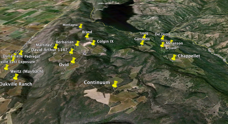 Map of Pritchard Hill showing Chappellet beside Bryant Family, Colgin, Ovid, Continuum, Melanson, Del Dotto and David Arthur