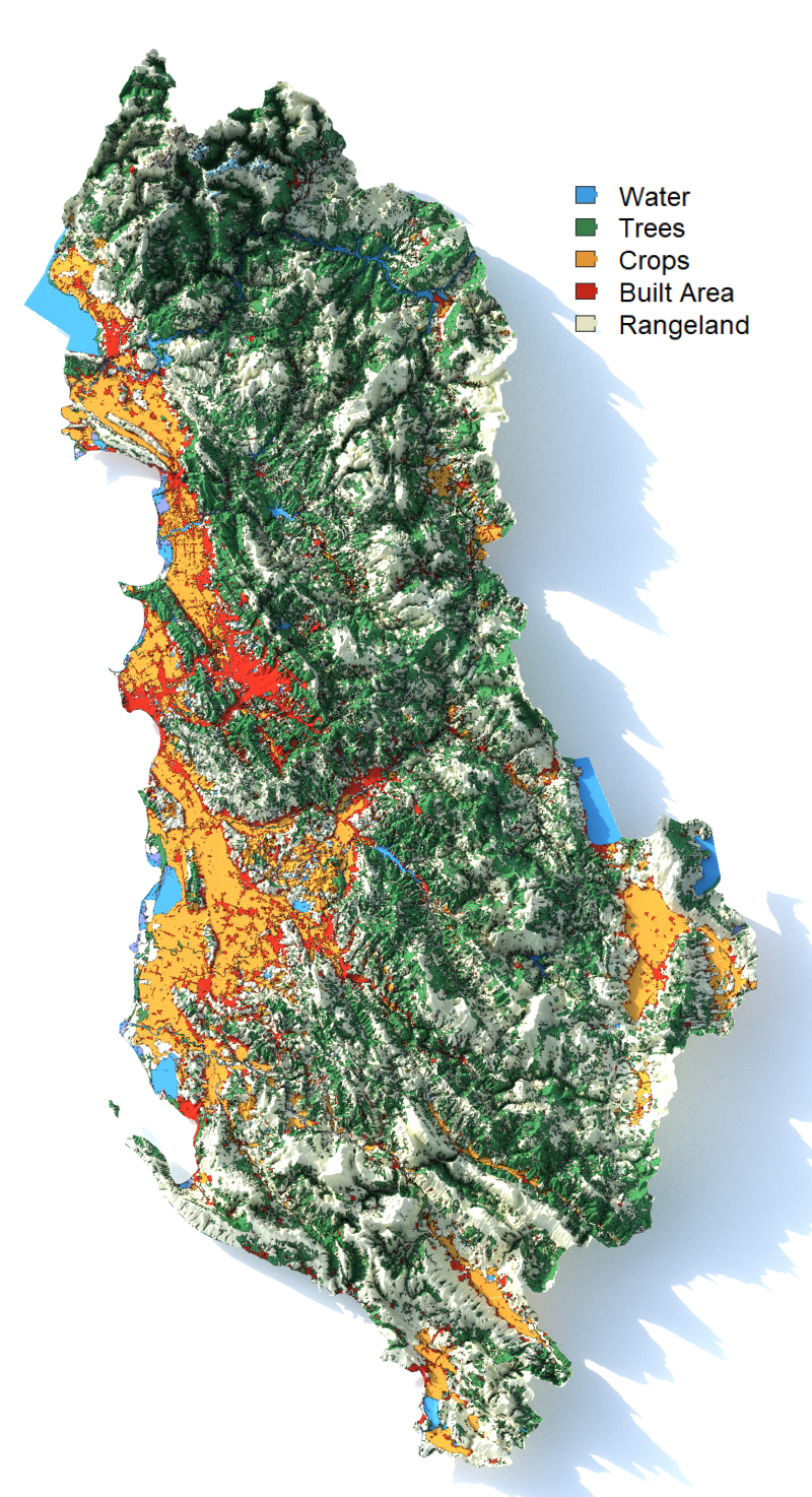 A 3D topographic land cover map of Albania, featuring a color-coded legend and pronounced shaded relief terrain. The rugged, mountainous interior is dominated by green representing trees and light beige indicating high-altitude rangeland, while the flatter western coast and low-lying river valleys are heavily marked by orange for crops. Red built-up urban areas are primarily clustered in the central-western lowlands and scattered coastal zones, with blue marking lakes, rivers, and coastal waters.