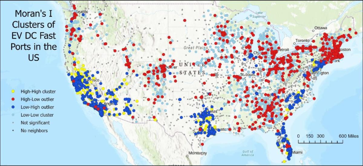 This map illustrates the spatial distribution of EV DC Fast Ports across the United States using Moran’s I cluster analysis to identify statistically significant patterns. The data reveals a high concentration of infrastructure along the West Coast (particularly California) and the Northeast corridor, characterized by a dense mix of "High-High" clusters and "Low-High" outliers. In contrast, the Midwest and Southern regions exhibit a "scatter-shot" pattern of "High-Low" outliers, representing isolated charging hubs in major cities like Dallas, Chicago, and Atlanta. Meanwhile, the Great Plains and interior regions show significantly lower density, with most ports appearing as isolated points or statistically insignificant locations, highlighting the current geographic disparities in high-speed charging accessibility.