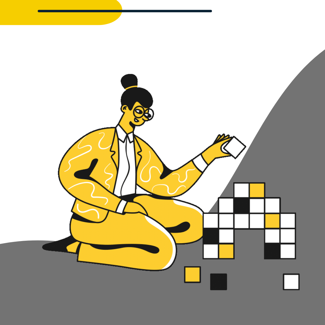 Woman in a suit building something with blocks