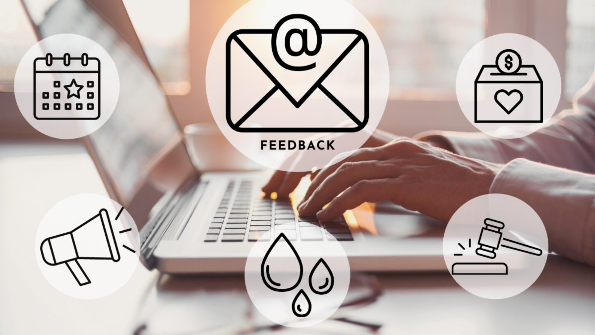 Image of someone using a laptop with overlaying image of icons representing email, events, advocacy, water, litigation, and fundraising.