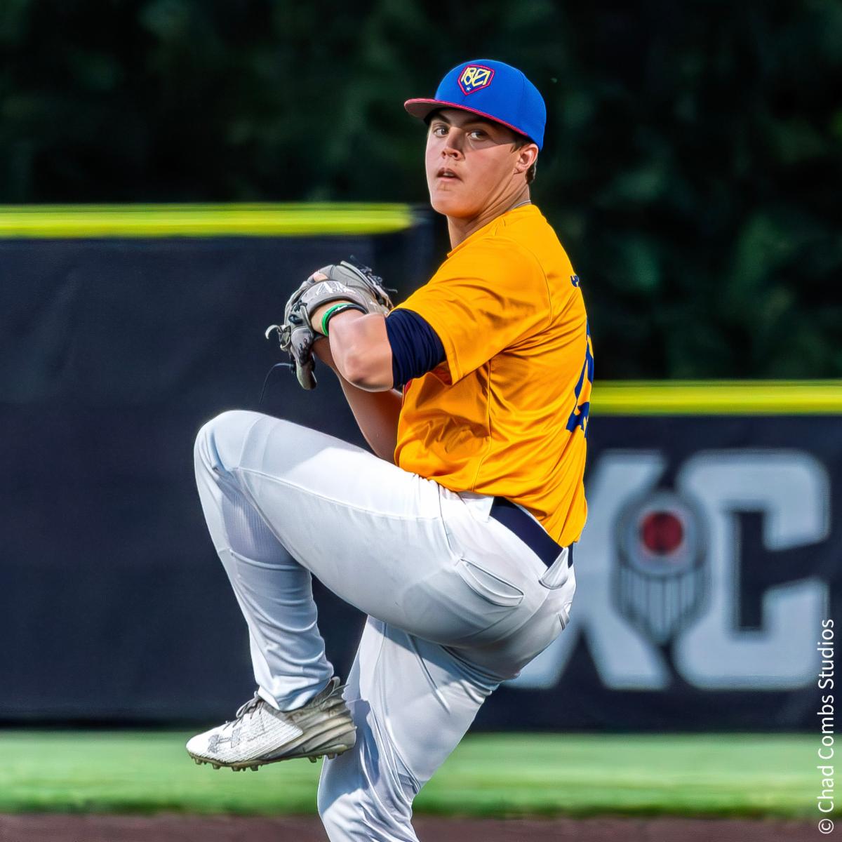 MBC RHP Brody Torkelson launches into his pitching motion.