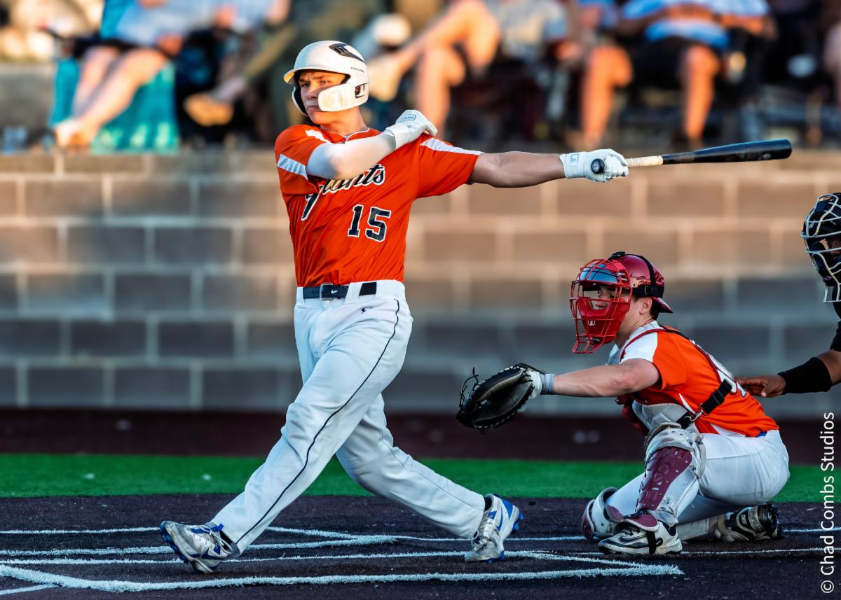 NKC Apartments Giants C Mason Jeffers (Liberty and William Jewell) follows through after a swing.