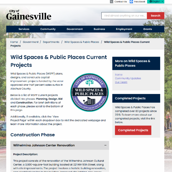 Screenshot of a City of Gainesville webpage for Wild Spaces & Public Places current projects, showing the Wilhelmina Johnson Center Renovation under the Construction Phase section.