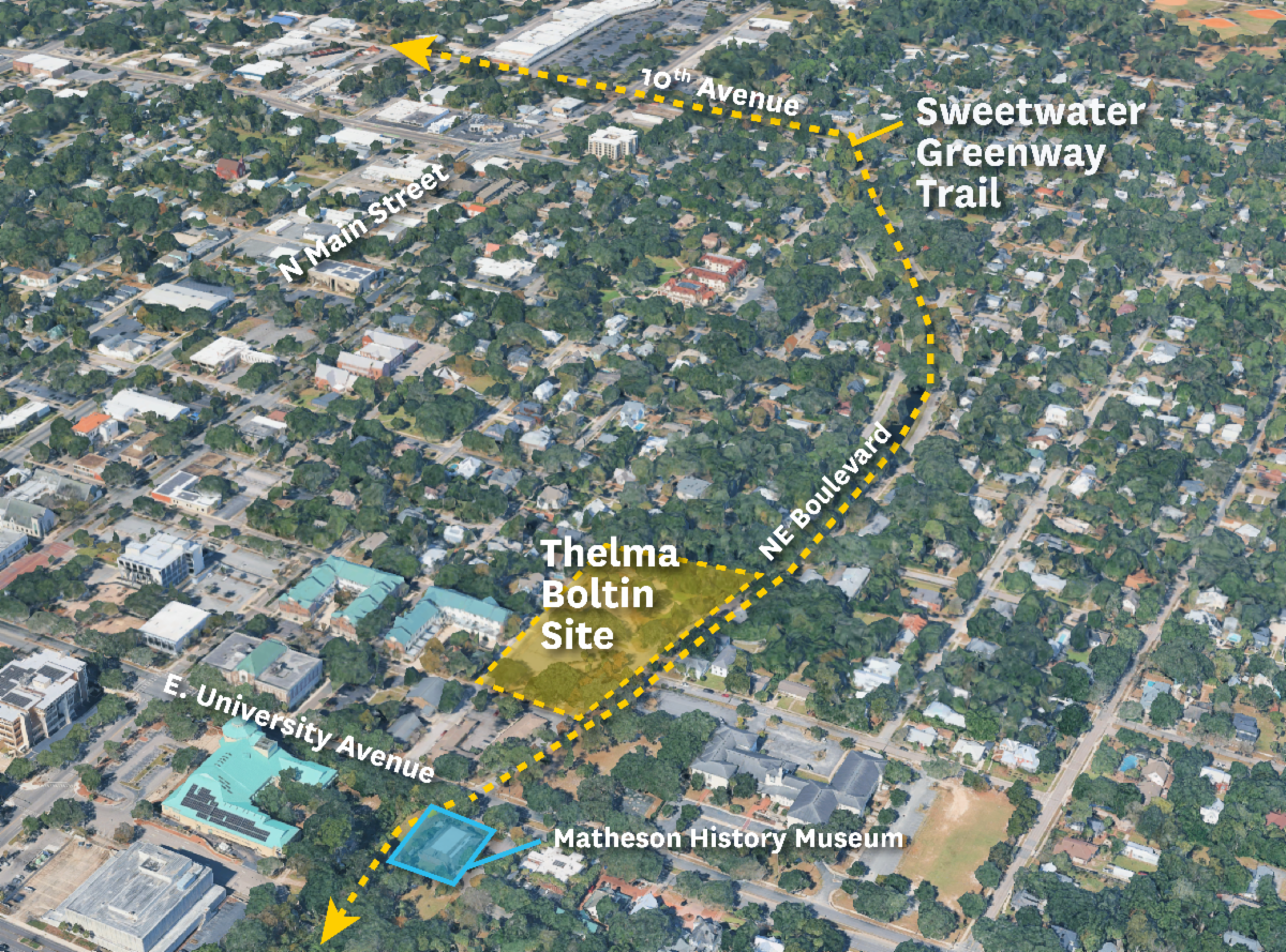 Aerial map showing a yellow dashed route connecting the Matheson History Museum, Thelma Boltin Site, Sweetwater Greenway Trail, and 10th Avenue.  Transcribed Text:  10th Avenue Sweetwater Greenway Trail N Main Street NE Boulevard Thelma Boltin Site E. University Avenue Matheson History Museum