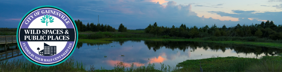 Panoramic wetland pond at dusk with a large “City of Gainesville Wild Spaces & Public Places” logo on the left.