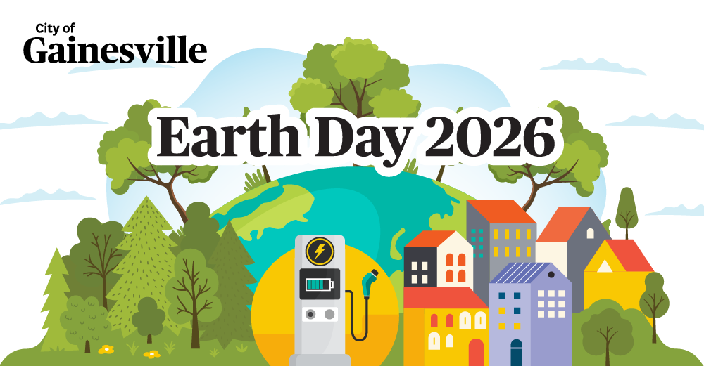 City of Gainesville Earth Day 2026 with a graphic showing a city, trees and a globe