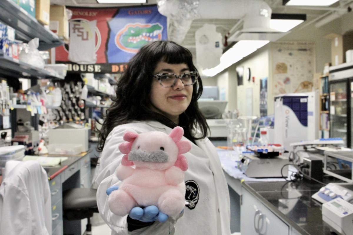 A self photo of graduate student Brianda López Aviña in the lab. She is holding a stuffed axolotl.