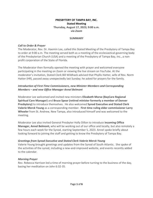 1st page of meeting summar