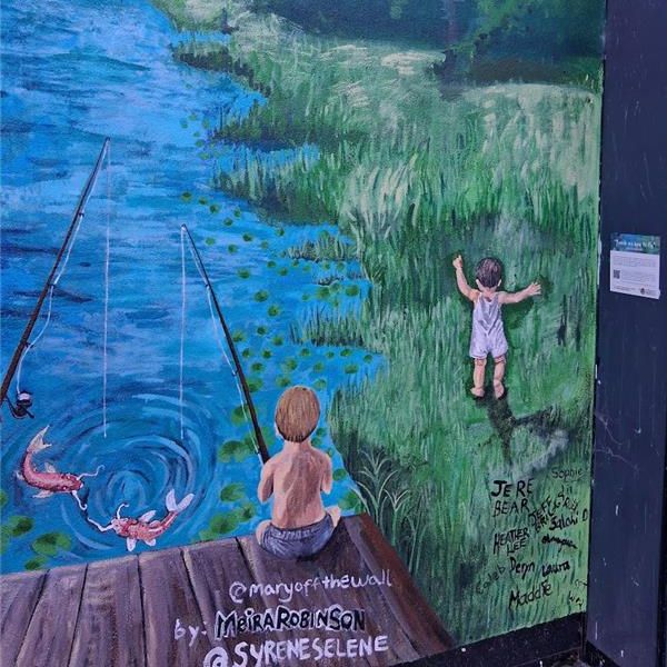 A painting of children fishing from a dock.