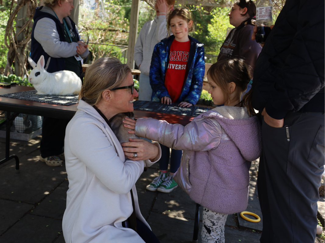 An adult holding a rabbit and kneeling for a child to pet it, with another rabbit on a table behind.