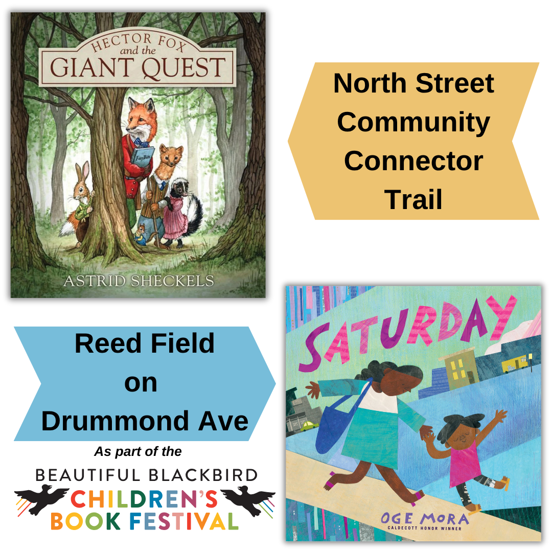 The covers of both books with arrows and locations pointing at each. The Beautiful Blackbird Children's Book Festival logo is in the bottom left.