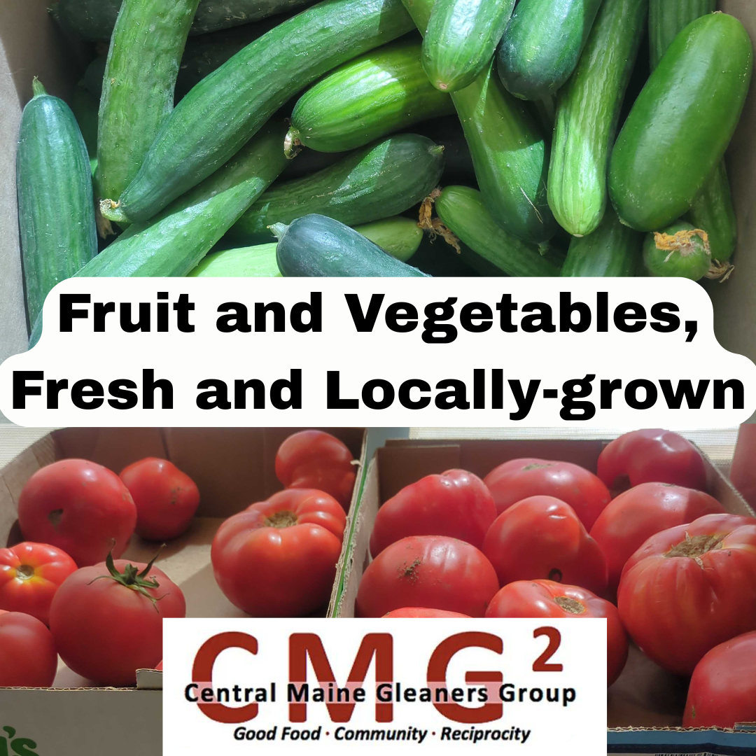 Photos of cucumbers and tomatoes, split by the text "Fruit and vegetabels, fresh and locally-grown". At the bottom is the Central Maine Gleaners Group logo.