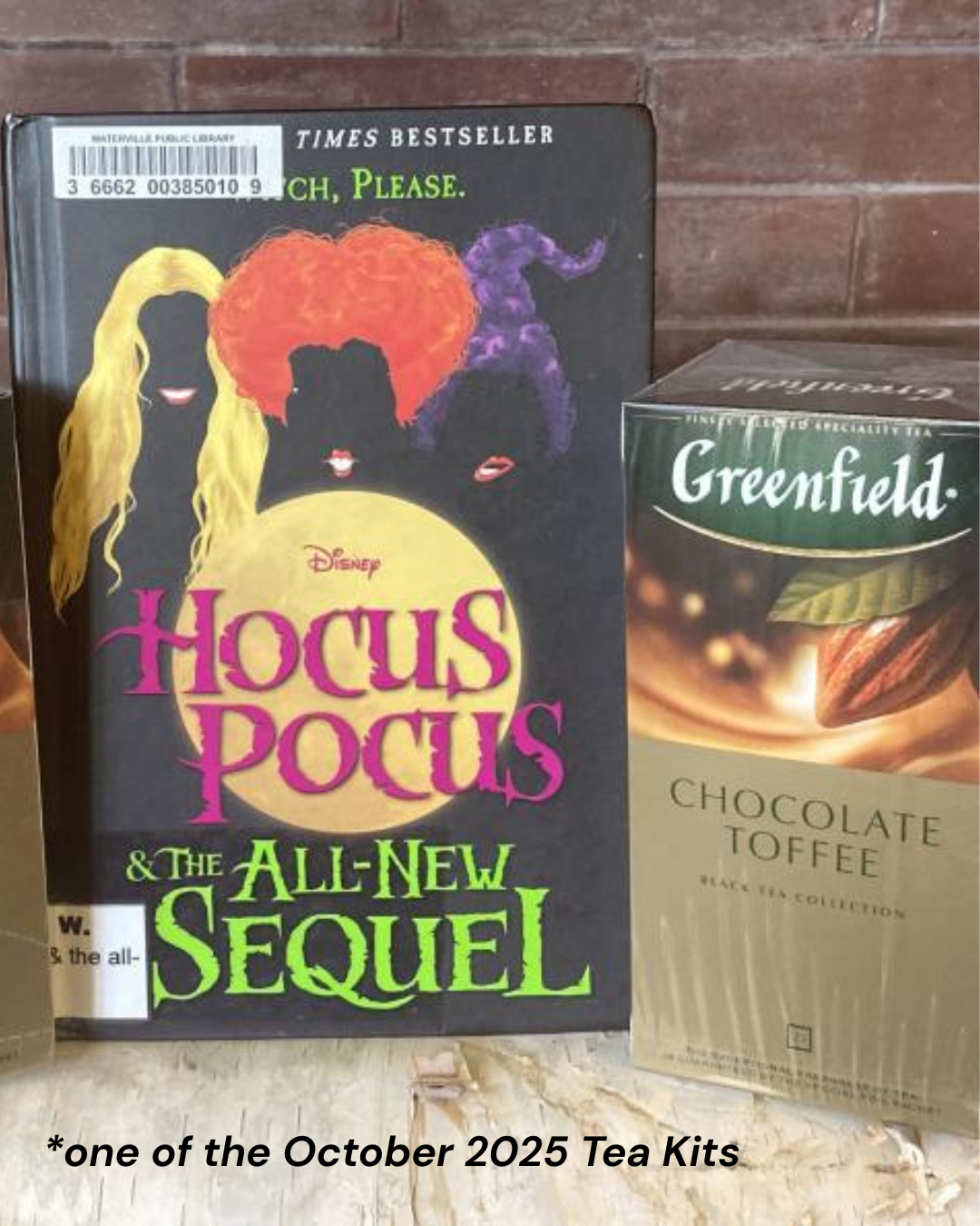 The cover to Hocus Pocus & The All New Sequel by A.W. Jantha, alongside a both of Chocolate Toffee tea, from October 2025 kits.
