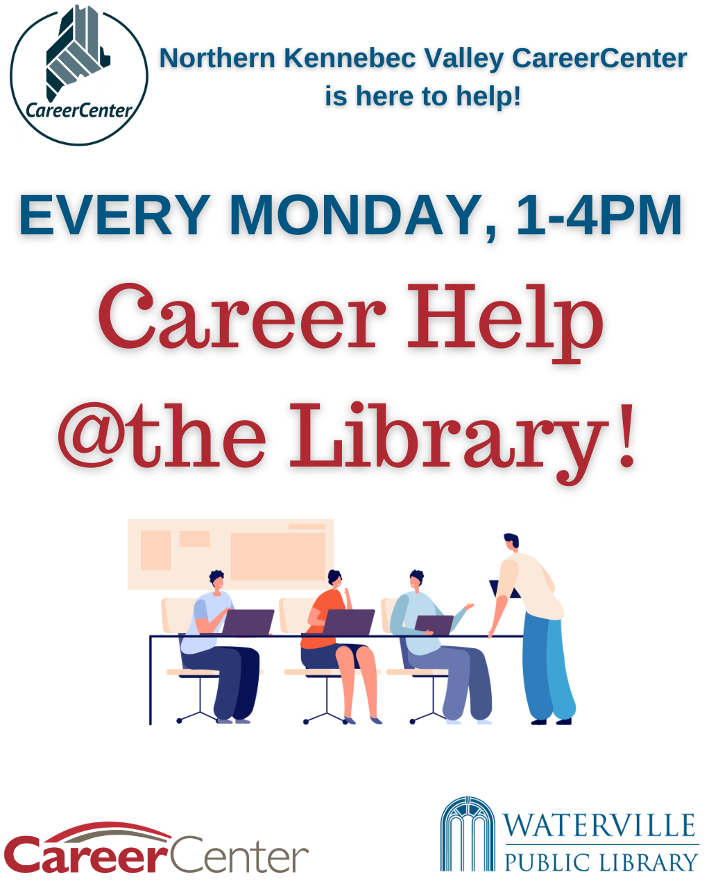 The name and details of when the CareerCenter is at the library along with their logos