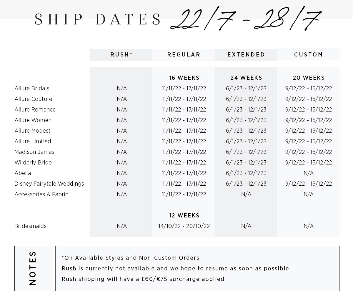 UK Ship Dates 22/7 28/7
