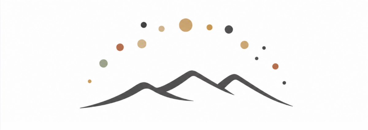 Minimalist logo featuring abstract gray mountain peaks beneath an arc of multicolored dots in earth tones, with modern text in gray, rust orange, and sage green on a light background.