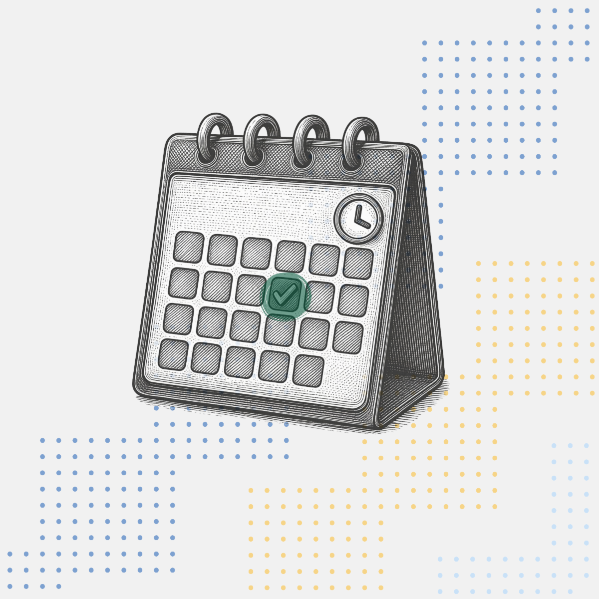 Grayscale monthly flip calendar with a square day circle in green. Calendar is placed over a diagonal geometrics design.