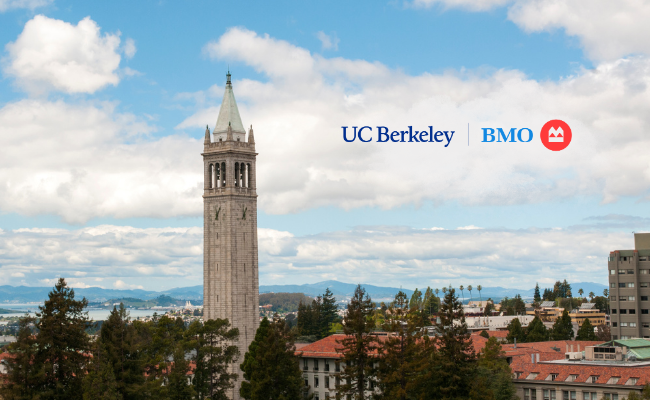 Skyline of Berkeley campus focusing on Campanile. Clouds feature cobranded lockup of UC Berkeley and BMO logos.