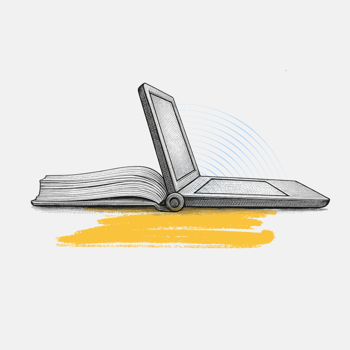 Illustration combining an open book and a laptop, with blue signal arcs radiating behind the screen.