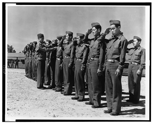 Image of Japanese-American soldiers of the 442nd Regimental Combat Team at training.