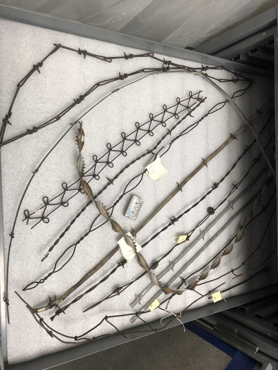 Image of many strands of barbed wire in a museum cabinet at the Homestead Heritage Center.