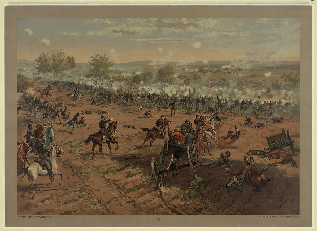 Image of the Battle of Gettysburg courtesy of the Library of Congress. Image depicts Union and Confederate troops firing at each other on a battlefield.