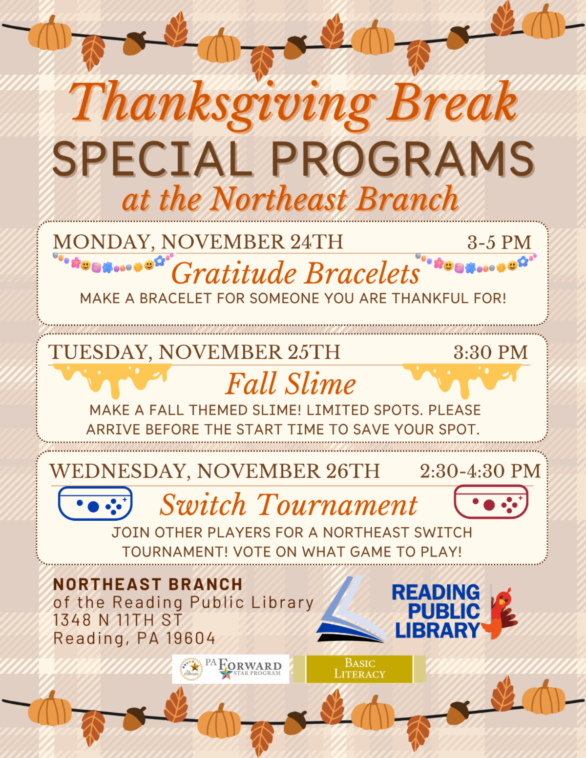 Gingham background with text that says Thanksgiving Break Special Programs at Northeast Branch.